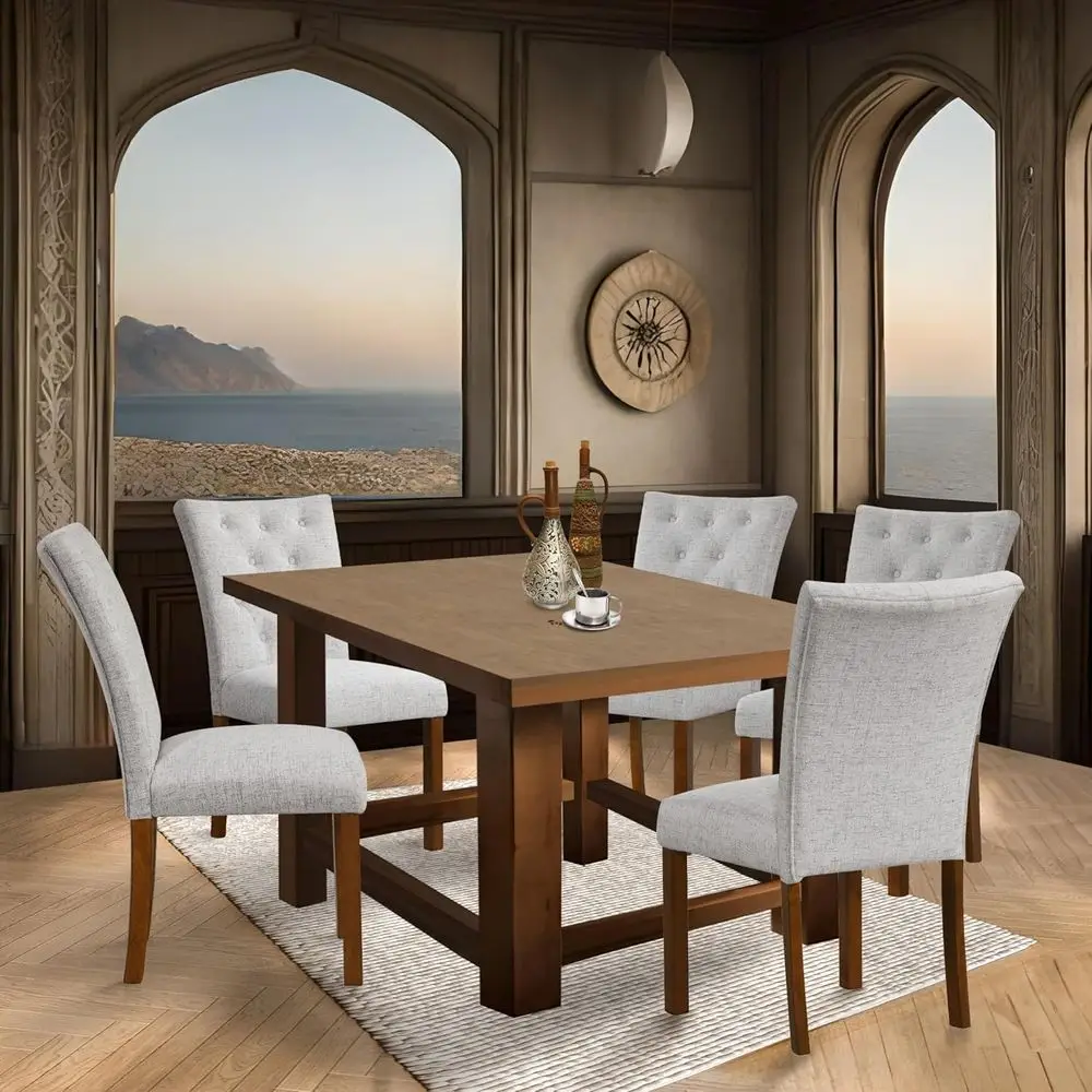 Button Tufted Fabric Dining Chairs - Neutral Textured Solid Woven (Set of 2)