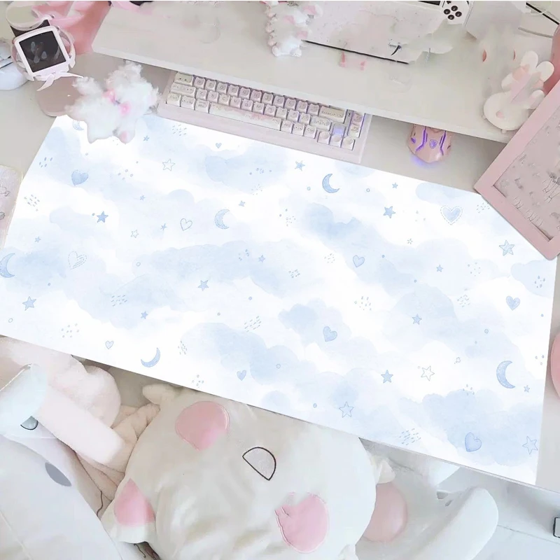 PU Leather Desk Mat Pastel Blue Watercolor White Cloud Crescent Moon Stars Gentle Aesthetic Large Mouse Pad Wear Resistant Pad