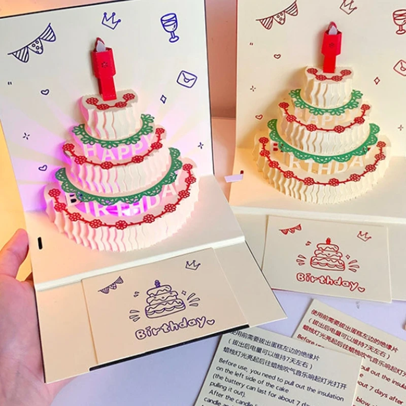 Music Birthday Card , 3d Cake Pop-up Cards , With Music Light , Can Be Blow Out Candle , Anniversary Gifts Party Supplies