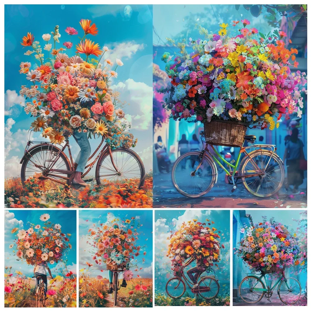 

385496 Painting by Numbers Kit Hand Paint Bicycle With Flowers Scenery DIY Oil Painting Acrylic Artwork Art Gift Home Decoration