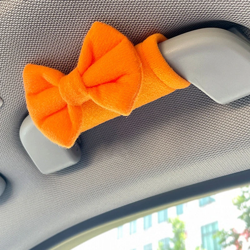 4pcs Car Roof Armrest Covers Soft Short Plush Protective Cover Car Roof Handle Cover Interior Cute Bow Women's Auto Accessories