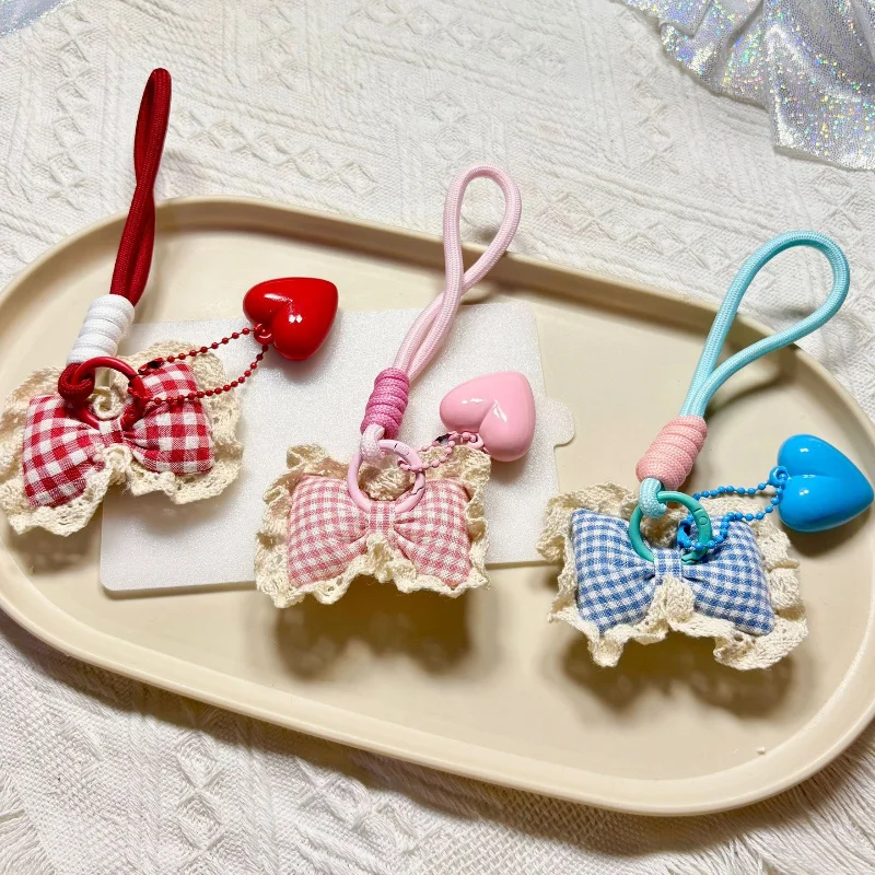 새로운 달콤한 활 플러시 장난감 키 체인 소녀 배낭 귀여운 펜던트 하트 모양의 그리드 Pp 코튼 자동차 교수형 장식 크리스마스 선물