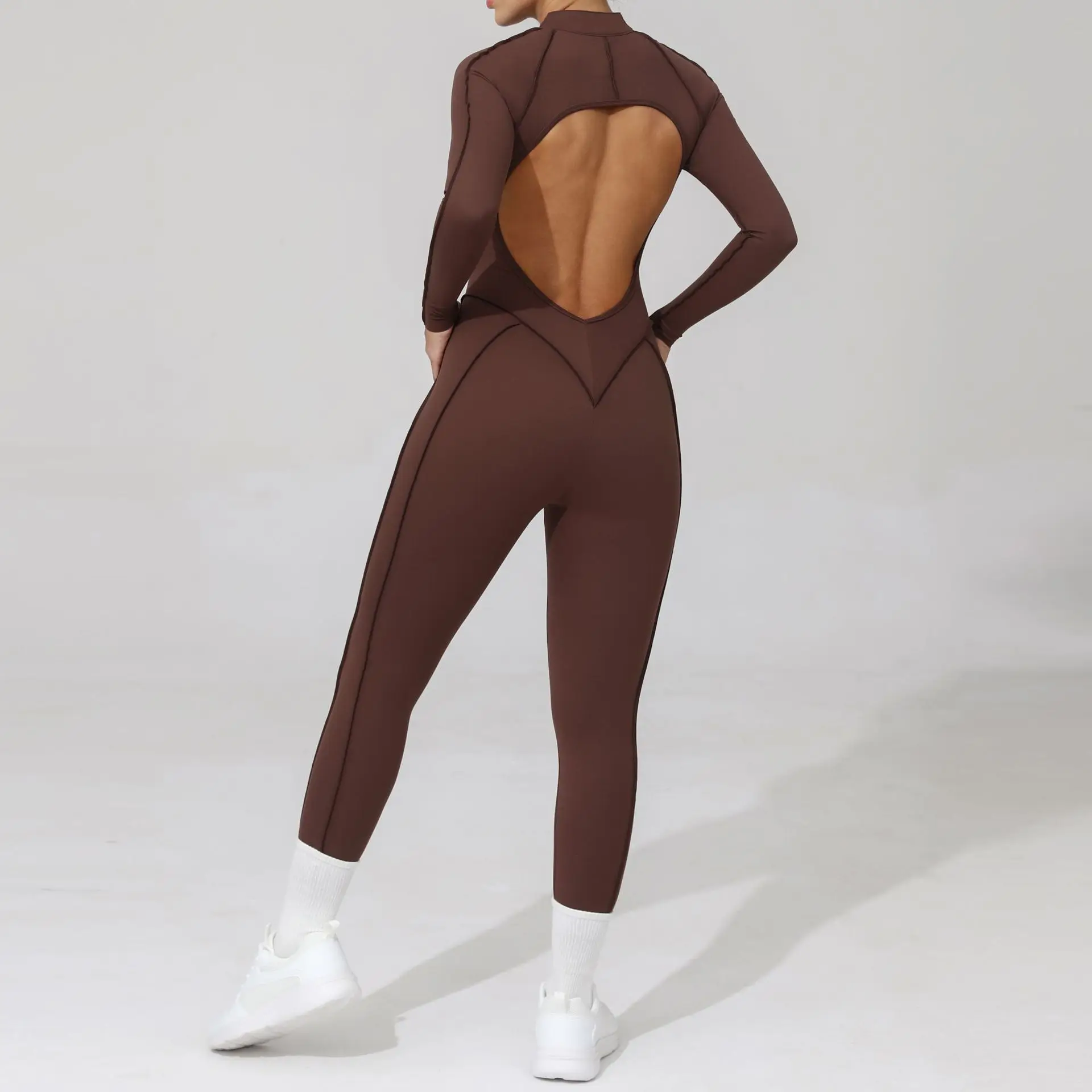 

Новый костюм для йоги, женский осенне-зимний цельный спортивный костюм на открытом воздухе, леггинсы с длинными рукавами, сексуальный комплект с открытой спиной, облегающий спортивный костюм для спортзала