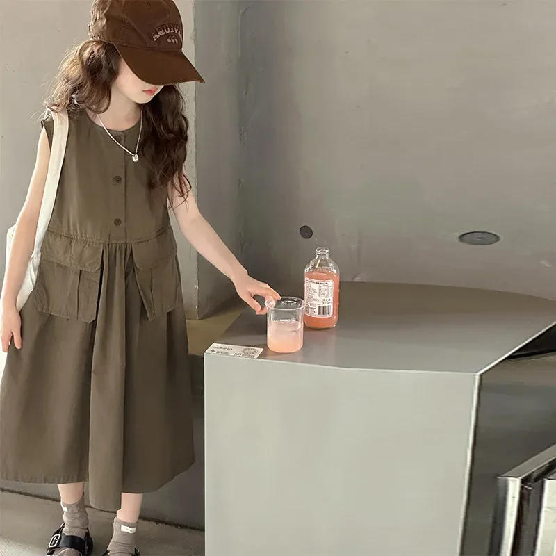 Girls Skirts 2024 Summer New Childrens Clothes Baby Girls Foreign Style Thin Sleeveless Large Pocket Cargo Dress Casual Simple image 2