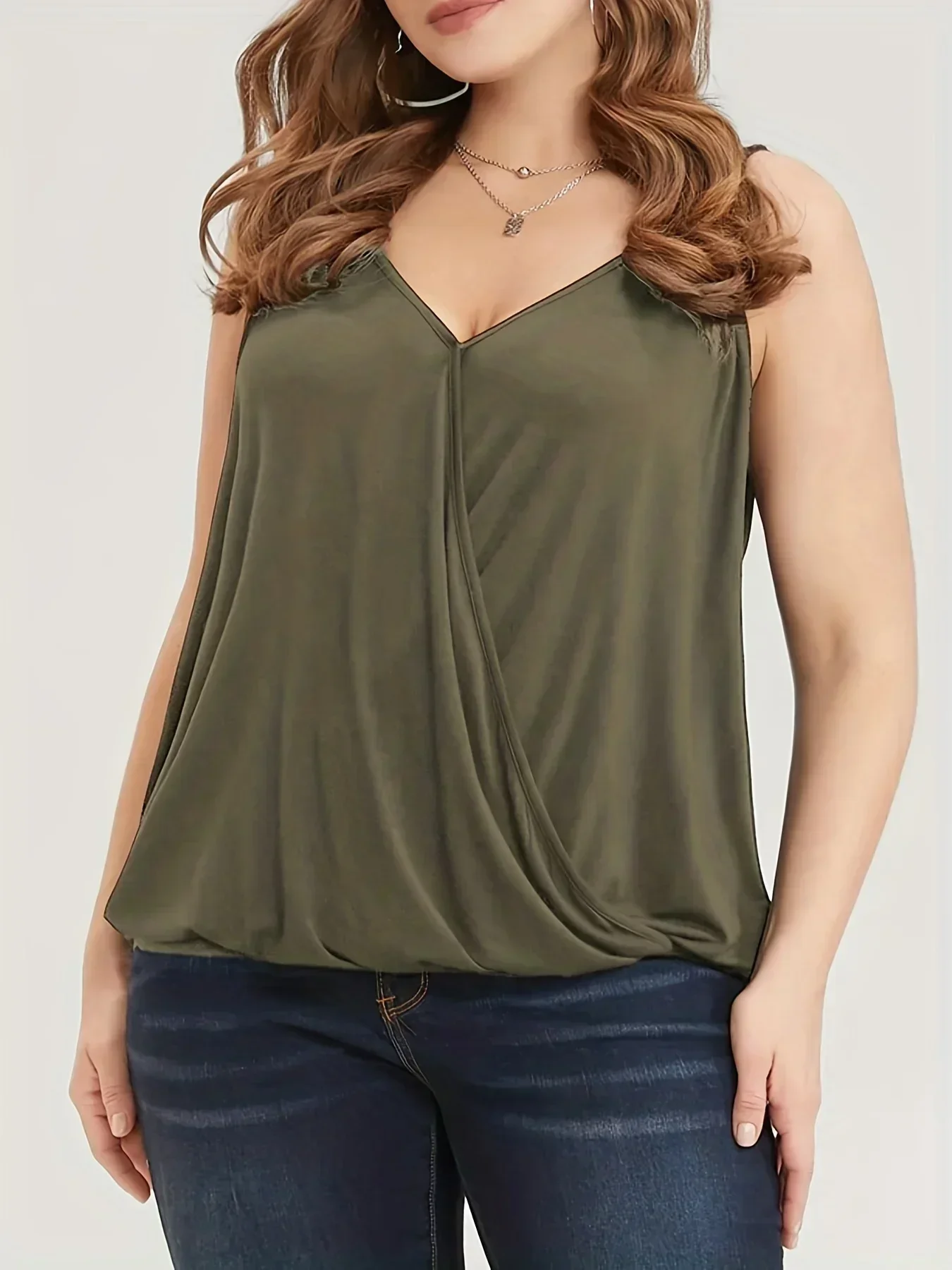 Women's V Neck Top Fashion Plus Size 1XL-5XL Summer Solid Cross Connection Tank Top Ladies Casual Sleeveless