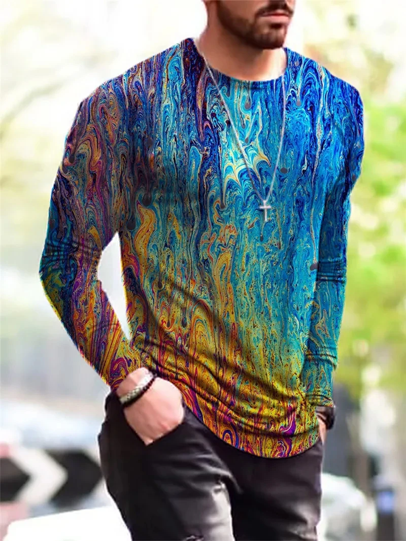 Fashion 3D multicolor patent leather printed T-shirt trend new street breathable Harajuku casual men\'s long sleeve round neck