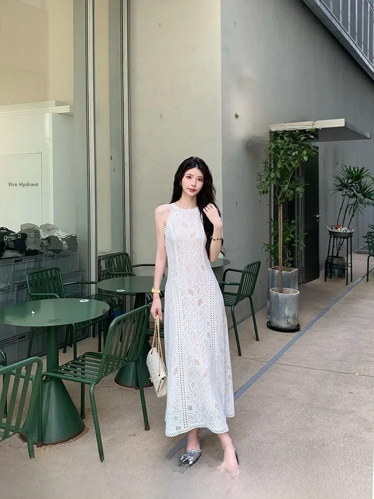 

Ele White Lace Svel Ne Hanging Long Dr Women's Design Summer Dr High Waist Polyester Elastic Fiber Skirt