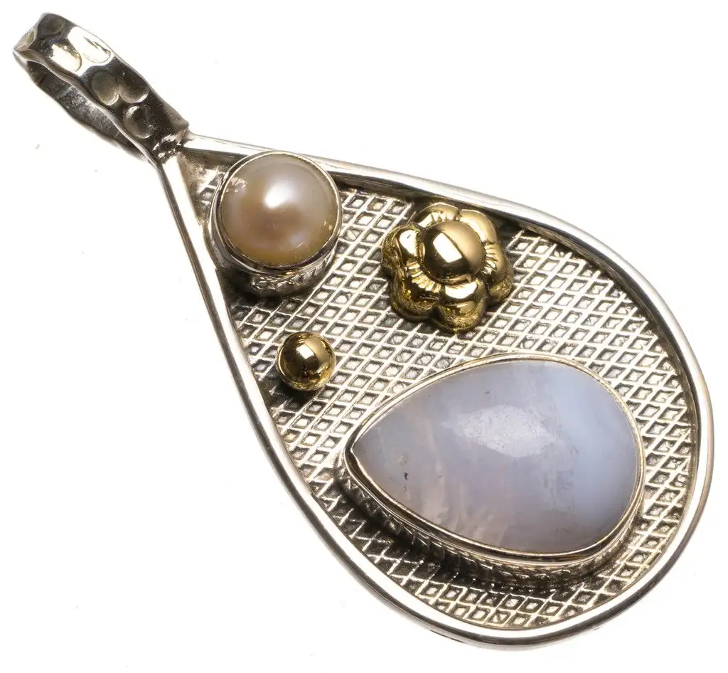 StarGems Two Tones Blue Lace Agate and River Pearl Vintage 925Sterling Silver Pendant 1 3/4