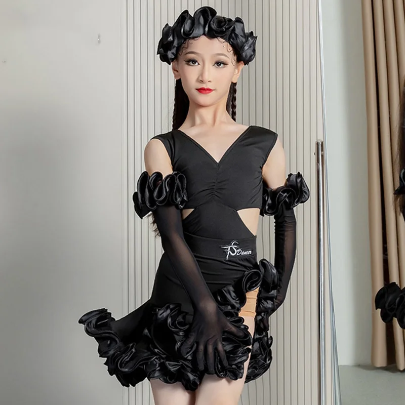 

2024 Girls Latin Dance Competition Dress Black Ruffle Floral Performance Costume Rumba Ballroom Dance Clothes Stage Wear BL12153