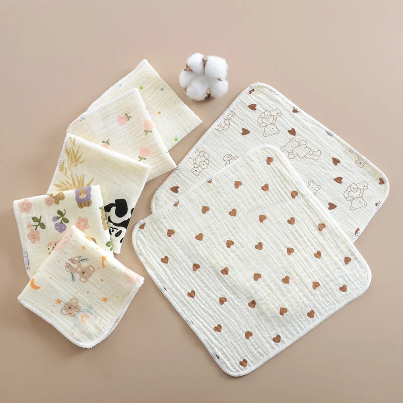 منشفة شاش للأطفال حديثي الولادة - مربعة صغيرة من القطن الخالص، حافة مغلقة مكونة من 4 طبقات، استخدام للوجه/اللعاب، نمط لطيف، ناعم ماص، لطيف