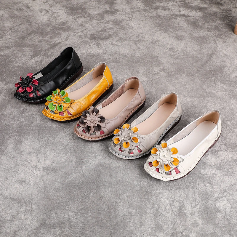 Zapatos florales 3D de cuero genuino para mujer, bailarinas hechas a mano, mocasines vintage antideslizantes para mujer, mocasines para señora mayor