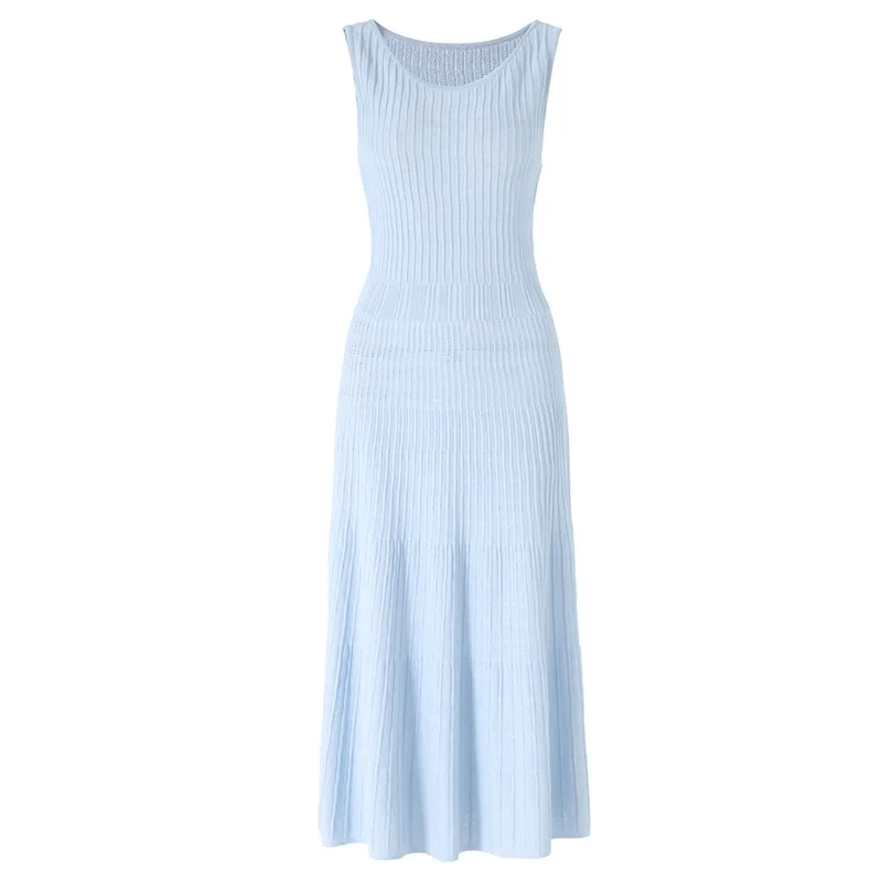 

Solid Women Summer Knitted Cotton O-Neck A-Link Dress Sleeveless Dress