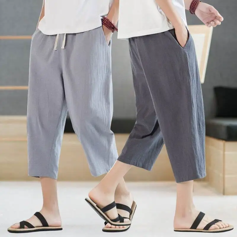 

Men's Summer Ultra-Thin Ice Silk Seven-Foot Pants Loose Sports Casual Faion Qui-Drng Sweatpants High-Waist Straight-Cut