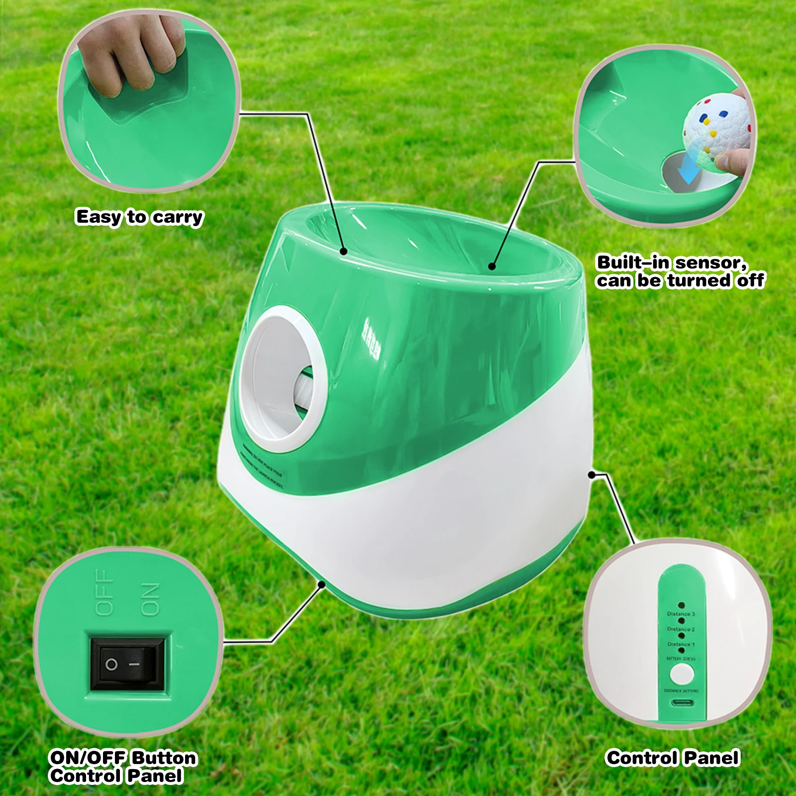قاذفة كرة الكلب الأوتوماتيكية مع 3 مسافة للكلاب المتوسطة والصغيرة (أخضر)