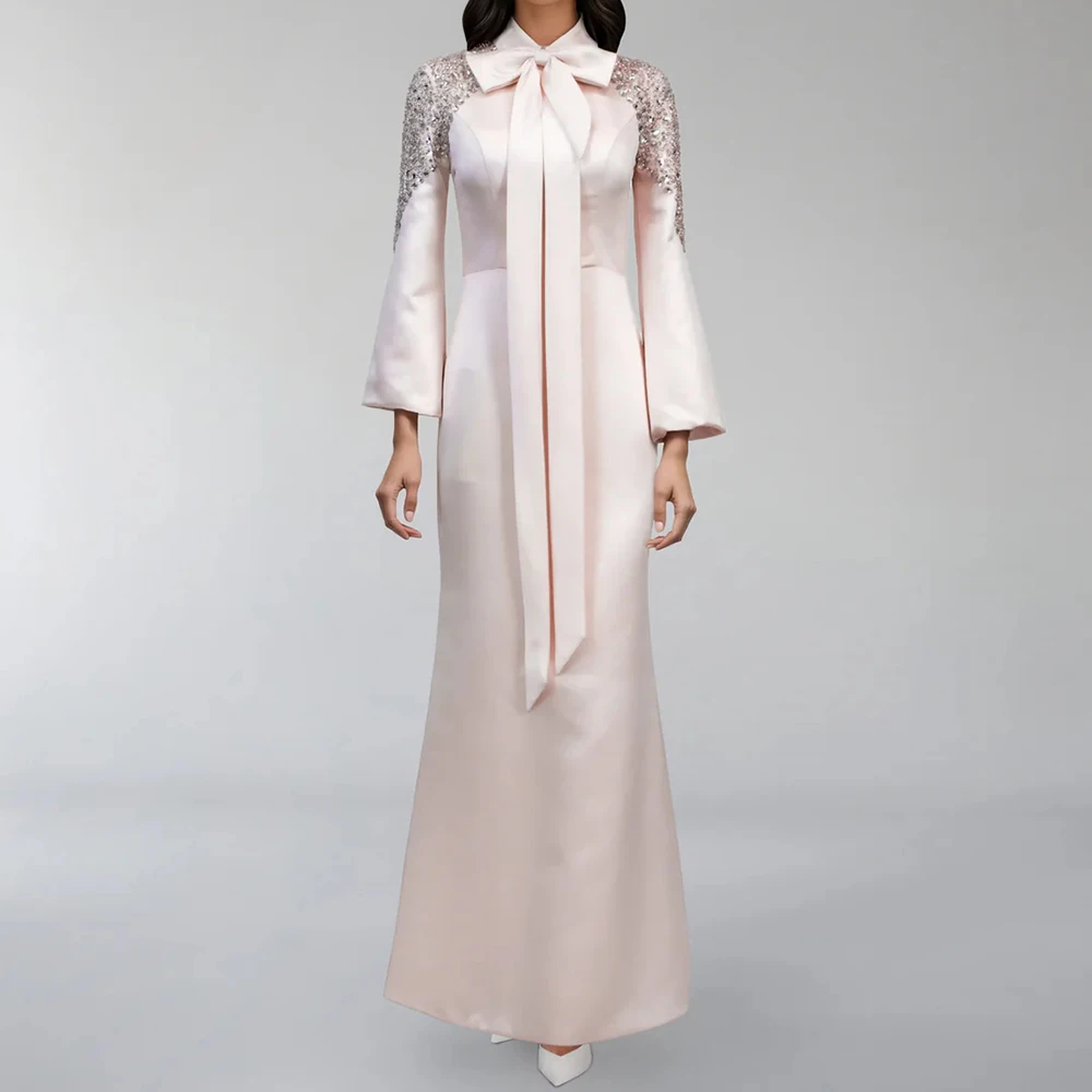 

Women's A-line Evening Dresses Ankle-length High-neck Full Sleeve Prom Gown Fashion Bow Crystal Simple Draped Customized Gowns