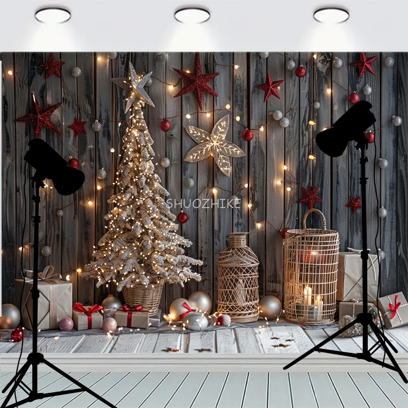 Wooden Floor Window Background Christmas Day Fireplace Living Room Decoration  Family Party New Year Photography Backdrops AC-06