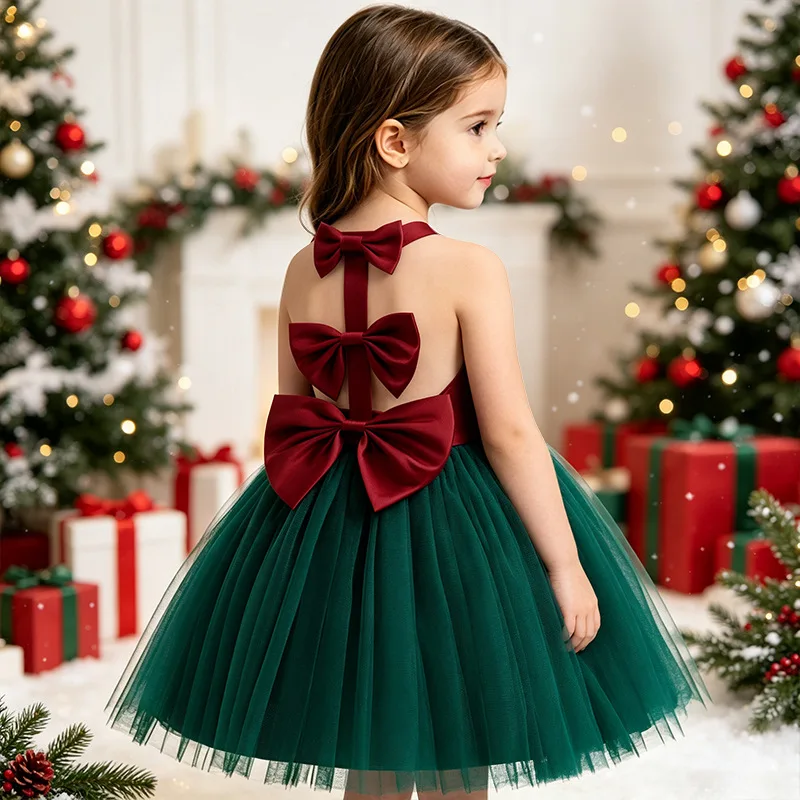 3-10 Years Merry Christmas Girls Dress Backless Sleeveless Mesh Fashion Xmas Girls Princess Dress Party Costumes Kids Clothes