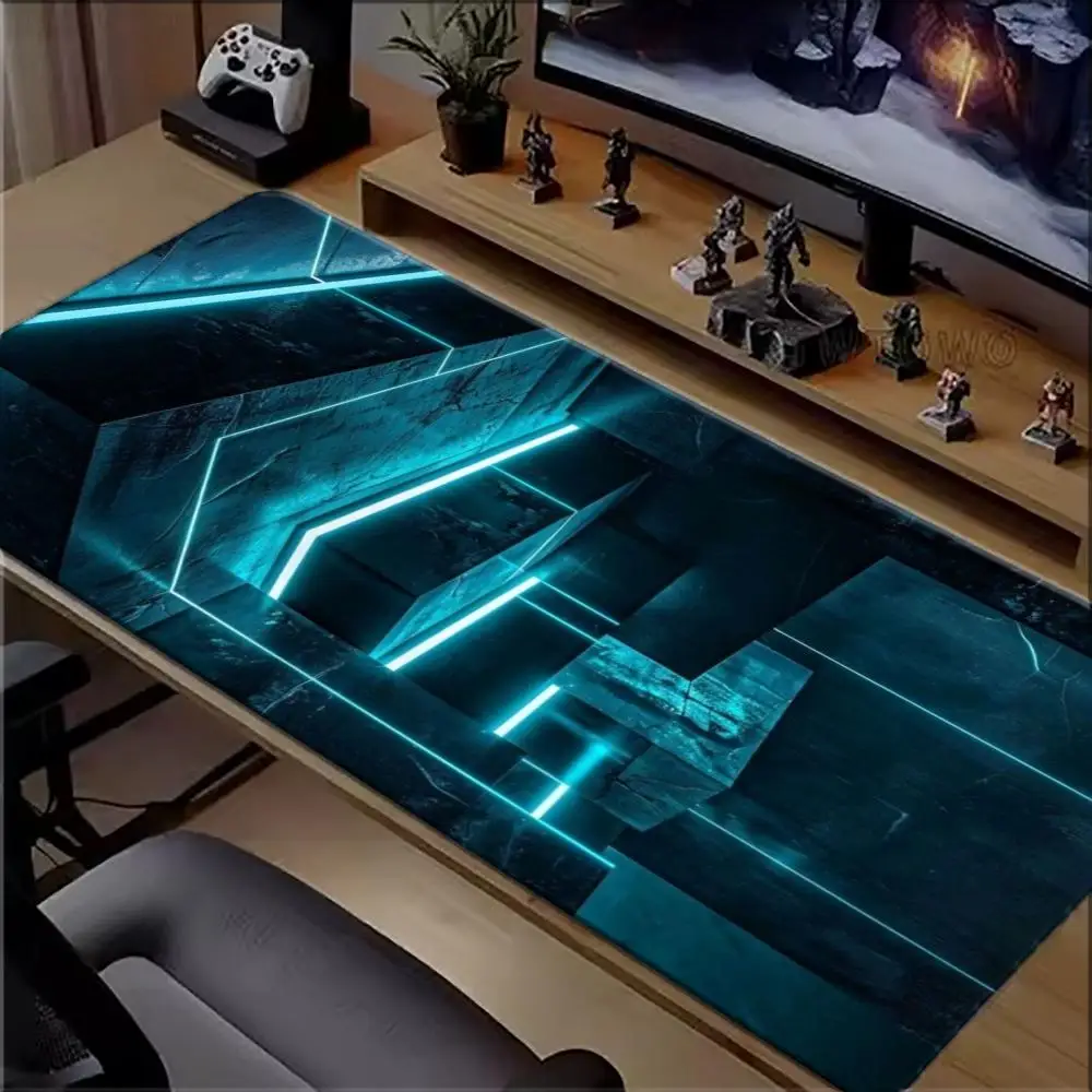 Коврик для мыши Cyan Neon Tech Geometric Large Extended Gaming Mouse Pad с нескользящей резиновой основой, коврик для клавиатуры и стола, размер XXL, для геймеров, ПК и офиса.