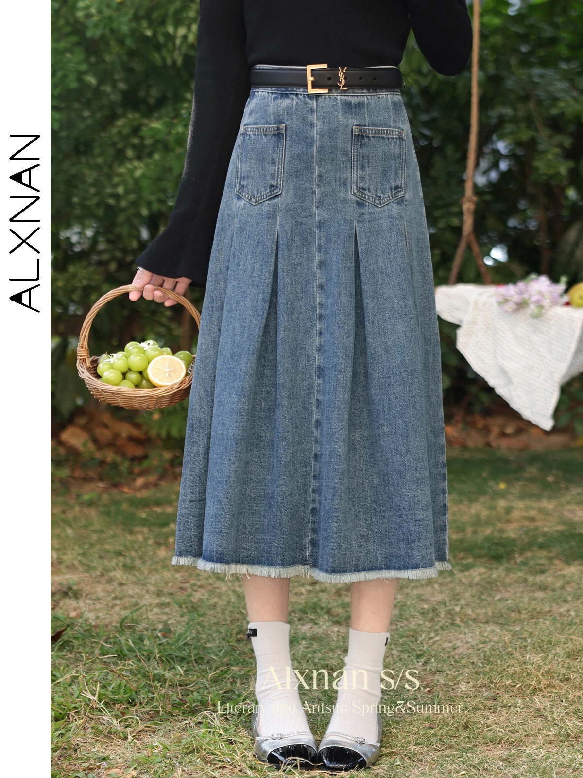 

ALXNAN Vintage Denim Skirts Women 2024 Spring Summer New Pleated Fashion Casual Tassel Versatile Jeans Skirt with Pocket L33593