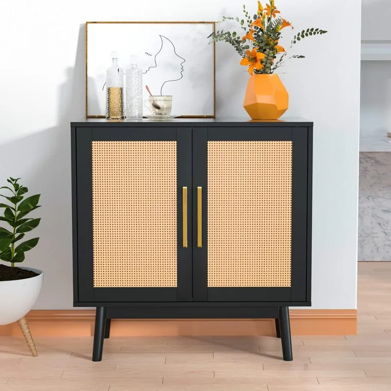 

Sideboard Buffet Cabinet, Modern Rattan Storage Cabinet with Double Doors and Adjustable Shelves, Accent Cabinet for Living Room