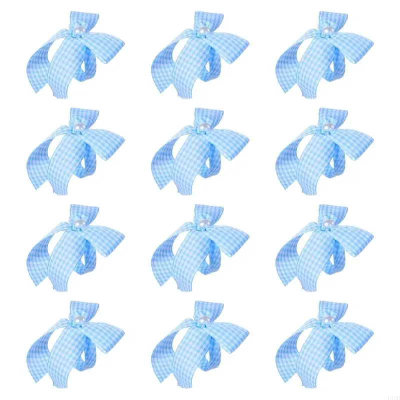 F19B 12Pcs Striped Bowknot Tie Napkin Rings Satins Fabric Pearls Embellishment Dining Table Decoration Desktop Accessories