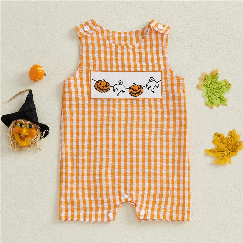 Newborn Baby Girl Pumpkin Embroidery Overalls Jumpsuit Halloween Sleeveless Round Neck Sweet Plaid Romper Toddler Clothes