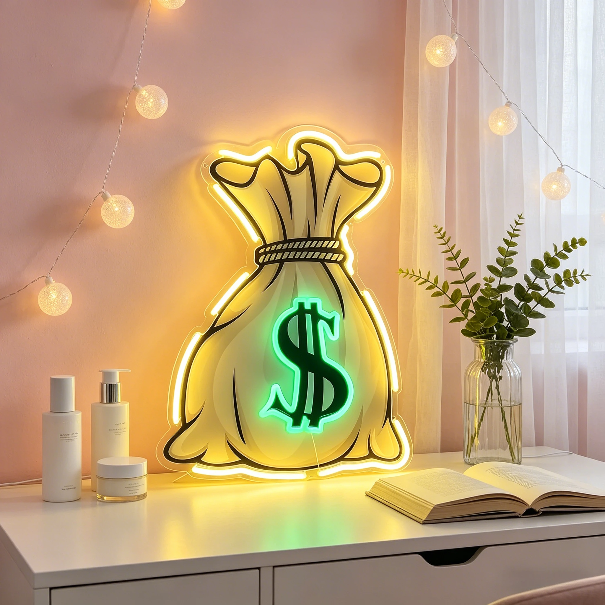 

Money Bag with Dollar Sign Neon Sign Motivating LED Wall Light for Home Office Gameroom Bar Decor Wealth Theme Ambiance Lighting