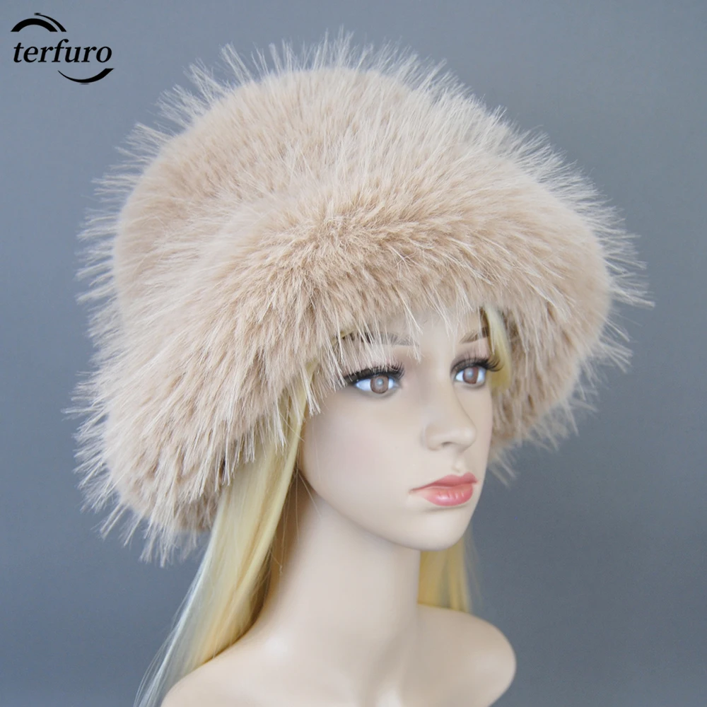 

Winter Autumn Women's Bucket Hat Oversized Fluffy Brim Soft Thickened Long Staple Faux Raccoon Fur Elegant Thermal Fisherman Cap