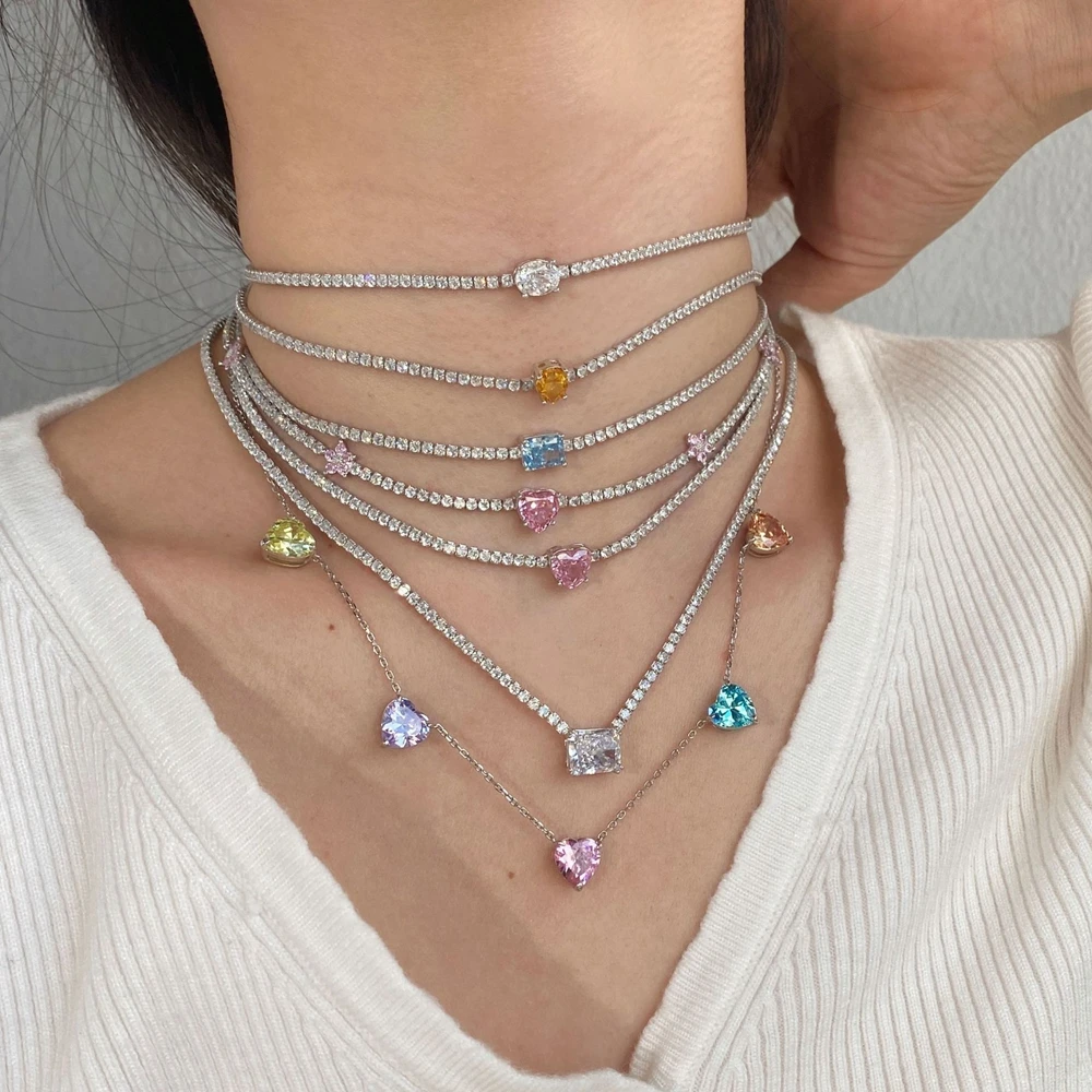 Wong Rain 100% 925 Sterling Silver Colorful Lab Sapphire Gemstone Women Tennis Chain Necklace Pendant Fine Jewelry Wholesale