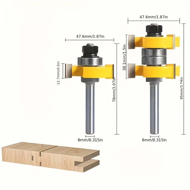 ‌2 Pcs 8mm Shank T-Slot Joint Cutter - 3-Tooth Double Bearing for Wood, Flooring & CNC‌