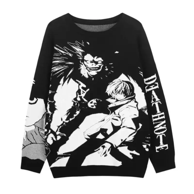 Gothic Death Note Knitted Sweater Harajuku Japanese Cartoon Pullover 2000s Winter Streetwear Sweater Men Women Cotton Knitwear