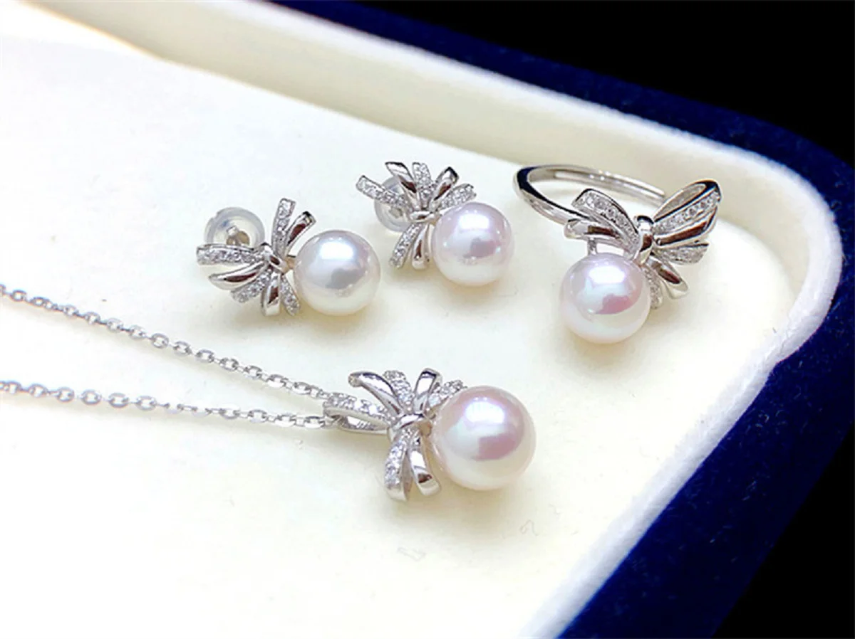 

PERFECT AAAA++++ 10-11mm SOUTH SEA WHITE PEARL 18K gold wrapped bow style pendant ring earring set