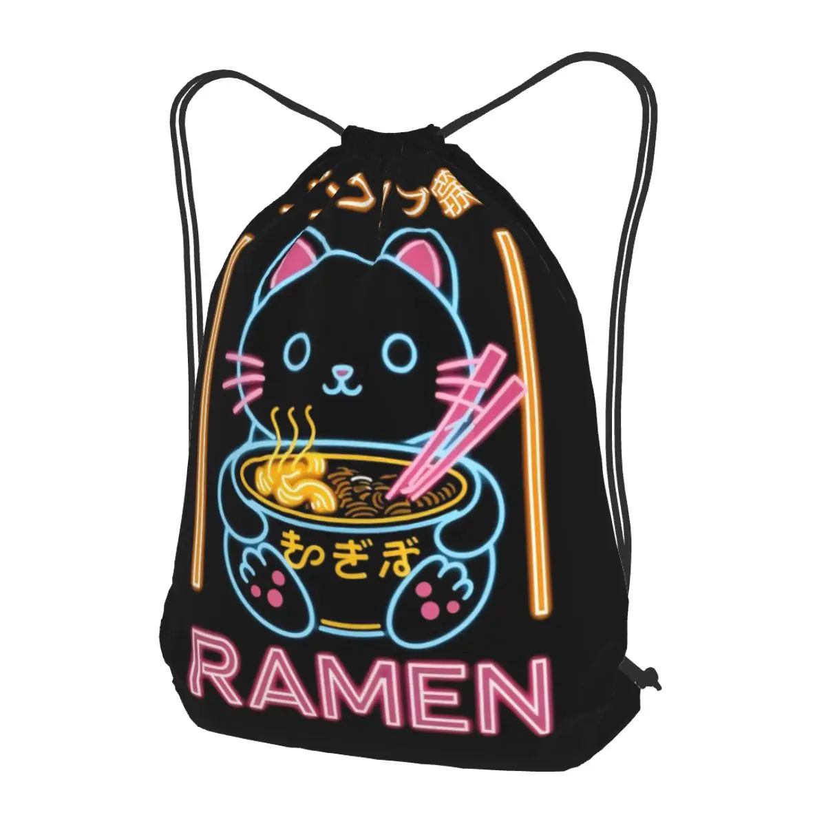 Ramen Cat Backpacks Casual Drawstring Bundle Pocket Shoes Bag Book Bags for Travel Students