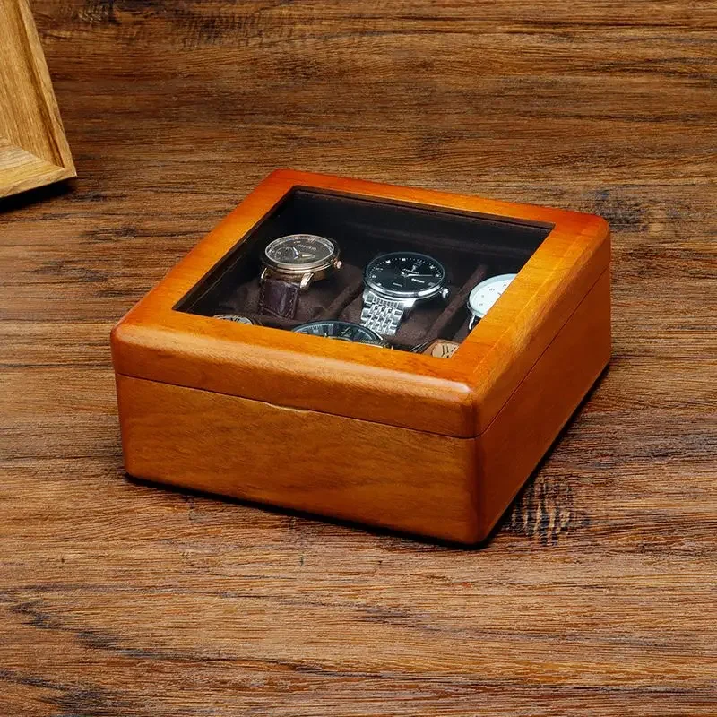 Solid Wood Watch Storage Box Men Wrist Watches Organizer Boxes with Transparent Window Retro Bracelet Jewelry Display Case