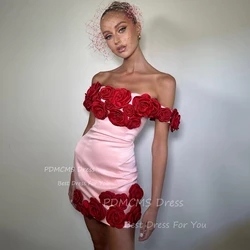 Trendy Pink Short Party Dresses Lady Red Flowers Mini Sexy Cocktail Dress Night Event Prom Gowns Boat Neck Summer Skirt Birthday