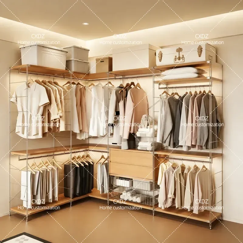 Simple Corner Open Cloakroom Shelf Multi-functional Layered Clothing Storage Rack for Small Apartment Household Use