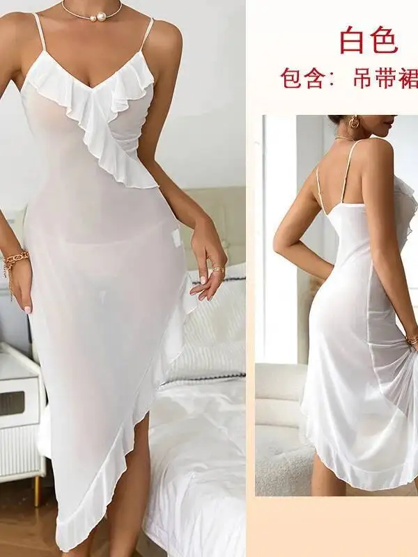 Camisón de malla con volantes y tirantes, dobladillo Irregular transparente, ropa de dormir Sexy de Color sólido sin espalda, tirantes en V profundo, vestido sin mangas NH3R