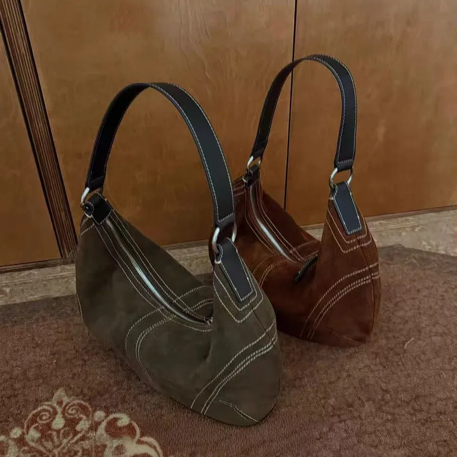 

Niche Stylish Contrast Stitching Semicircular Tote Bag Coffee Cowhide / Suede Leather Women Handbag Big Underarm Shoulder Bag