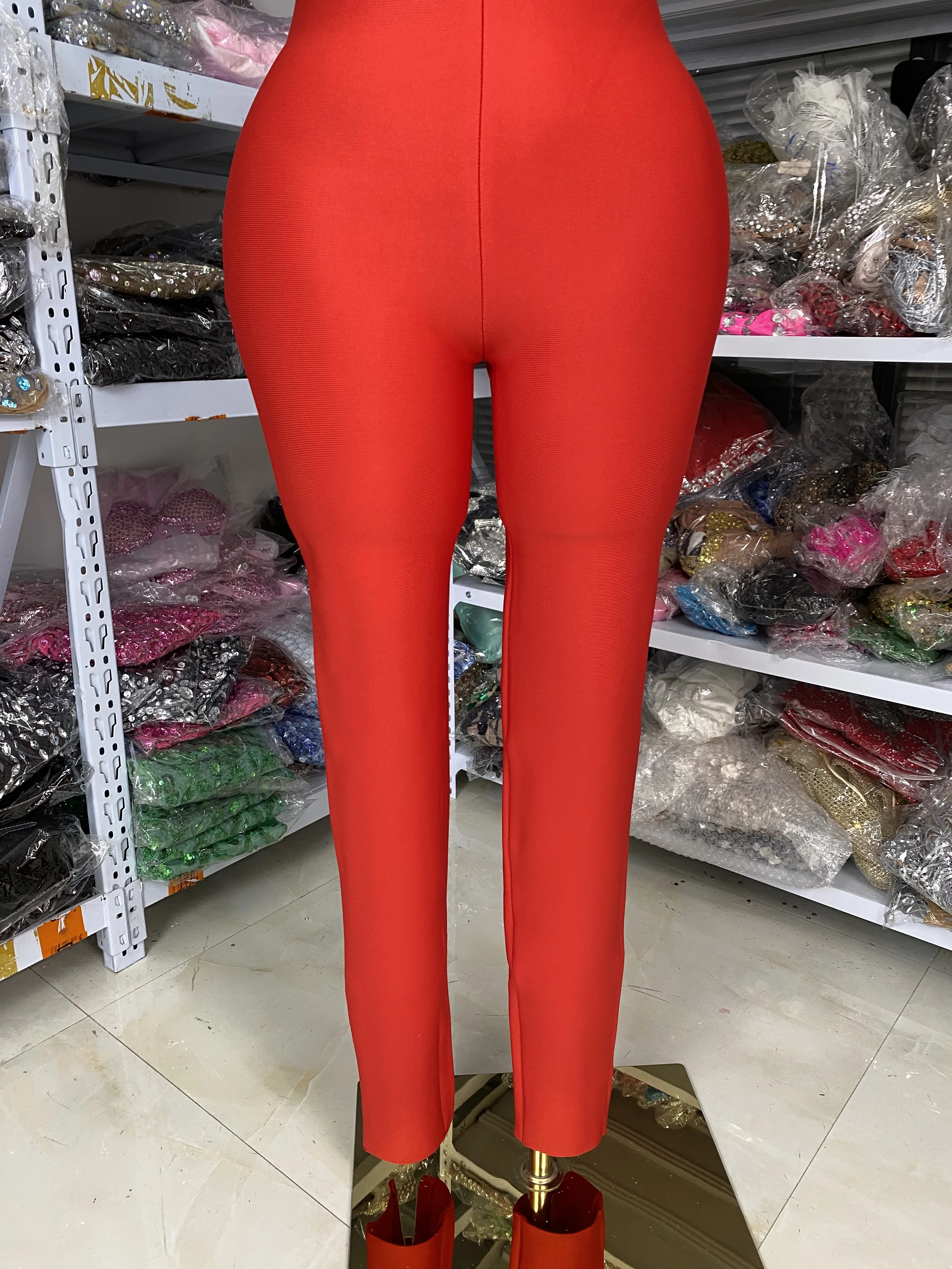 Women Red Tube Bandage Jumpsuits Sequines Embroidery crocodile traight Pants Rompers High Street Evening Club Party Dress