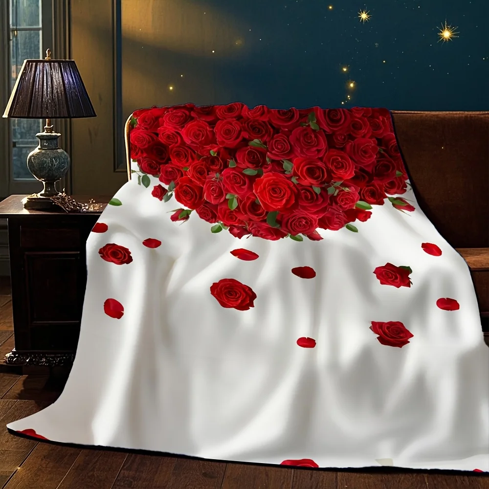 White Background Top Cluster Red Rose Falling Petal Flannel Throw Blanket,Soft Sofa Blanket,Romantic Wedding Love Home Decor