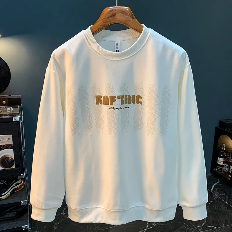 White Sweater for Men Spring and Autumn 2024 New round Neck Pullover Bottoming Shirt Loose Printed Long-Sleeved Top