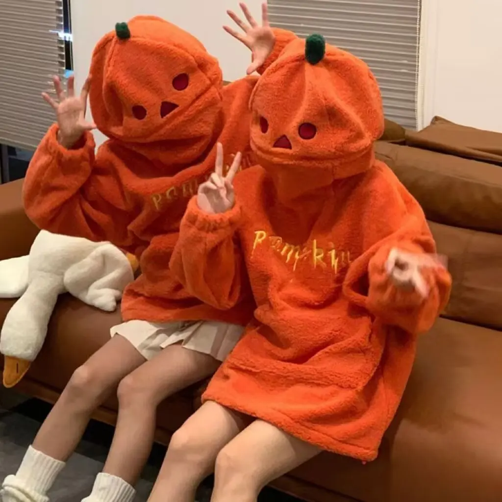 Halloween Hoodies Women Cute Pumpkin Head Plush Decorated Top K Pop Clothes 2024 Autumn Winter Loose Warm Pullover Holiday Gifts