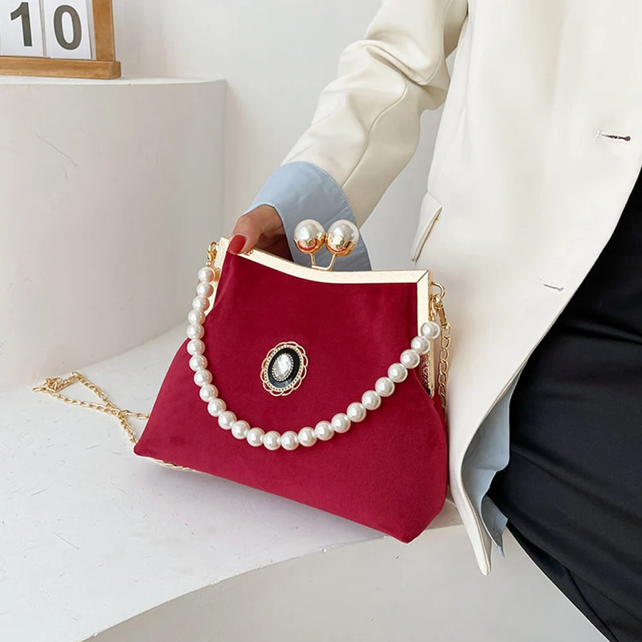 

Замшевая сумка на плечо в китайском стиле с зажимом, элегантная сумка с цепочками из бисера, маленькая квадратная сумка, дизайн для свадебной вечеринки, женский вечерний клатч