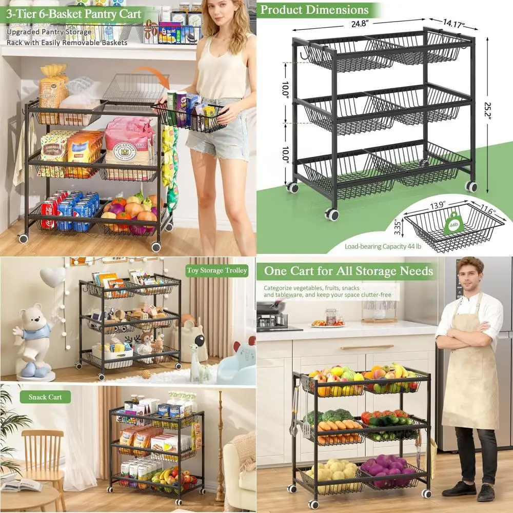 

3-Tier Rolling Kitchen Cart with 6 Removable Baskets, Metal Wire Storage Stand on Wheels, Ideal for Fruits, Snacks, and Pantry O