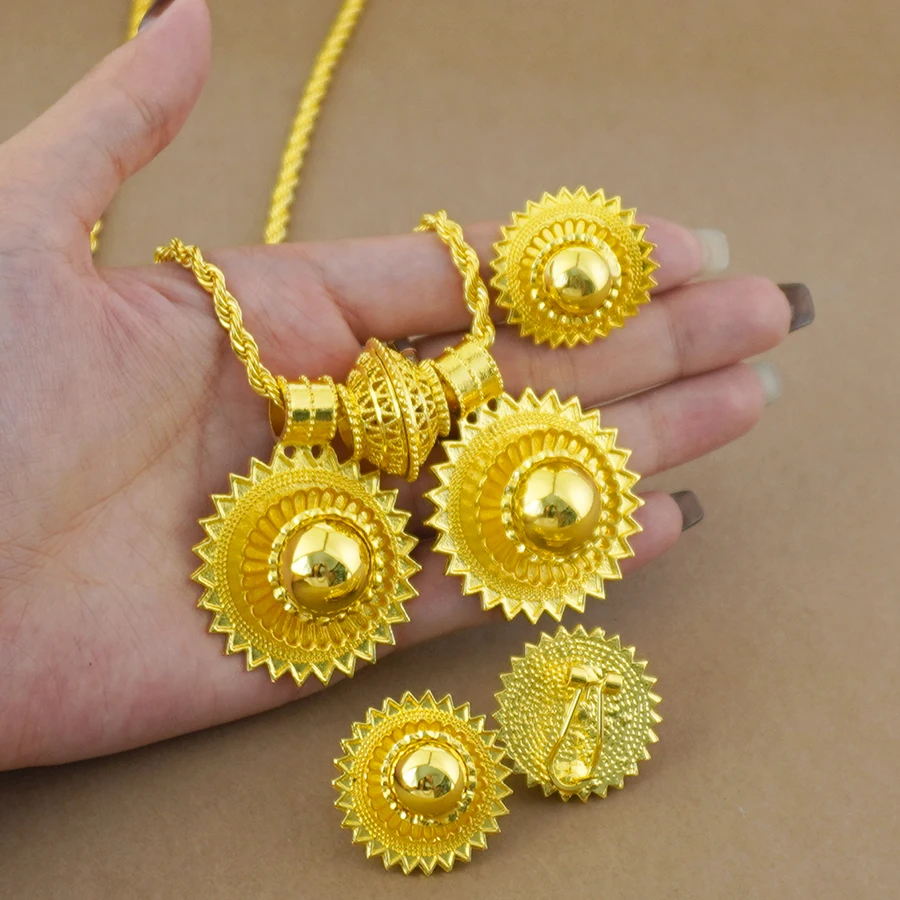 A Set Of 24k Gold-Plated Classic Spherical Necklaces, Earrings, Rings, Sun Pendants, Men'S And Women'S Wedding Jewelry Sets, Tha image 2