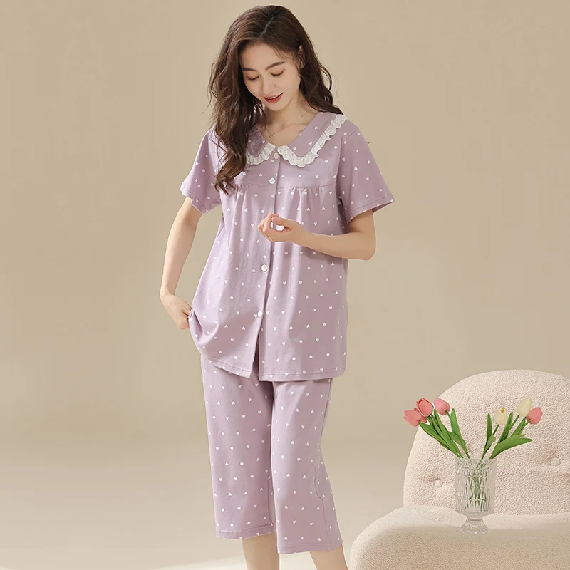 Summer Women Pajama Set 100% Cotton Pijamas Flower Print Sleepwear Lady Short Sleeve Nightwear Femme 2 Pieces Sets XXXL