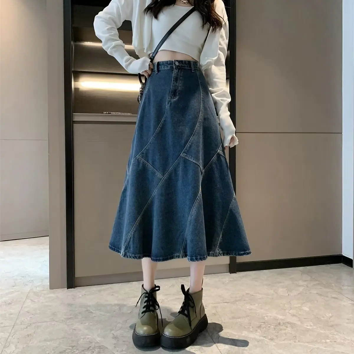 

Spring-autumn Women Skirt Fishtail Skirt Retro High Waisted Denim Skirt Spring Autumn Medium-length A-Line Loose Casual Skirt