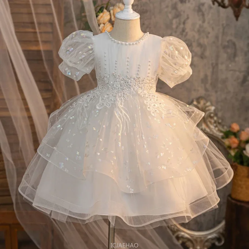 

Wed Dress 2025 Pink Kids Evening Gown Costume Children Stage Dresses New Birthday Party Clothes Piano Violin Performance Glitter