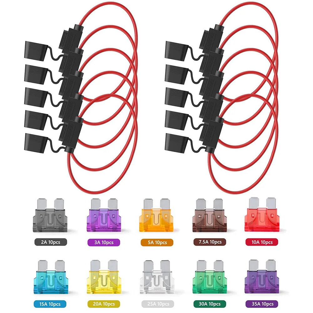 

Direct insertion fuse holder 12V 10 piece standard fuse holder kit 14 AWG wire harness waterproof tail fiber for 2A-35A fuses