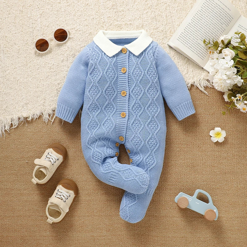 

Детский комбинезон, вязаный комбинезон для новорожденных девочек и мальчиков, с длинными рукавами и запахом для ног, осенняя одежда для младенцев, модные однотонные комбинезоны для детей 0-9 месяцев, комбинезон